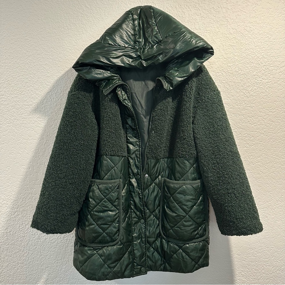 Marc New York D Green Hooded Quilted Puffer Coat Barn Jacket Sherpa Fleece Upper
